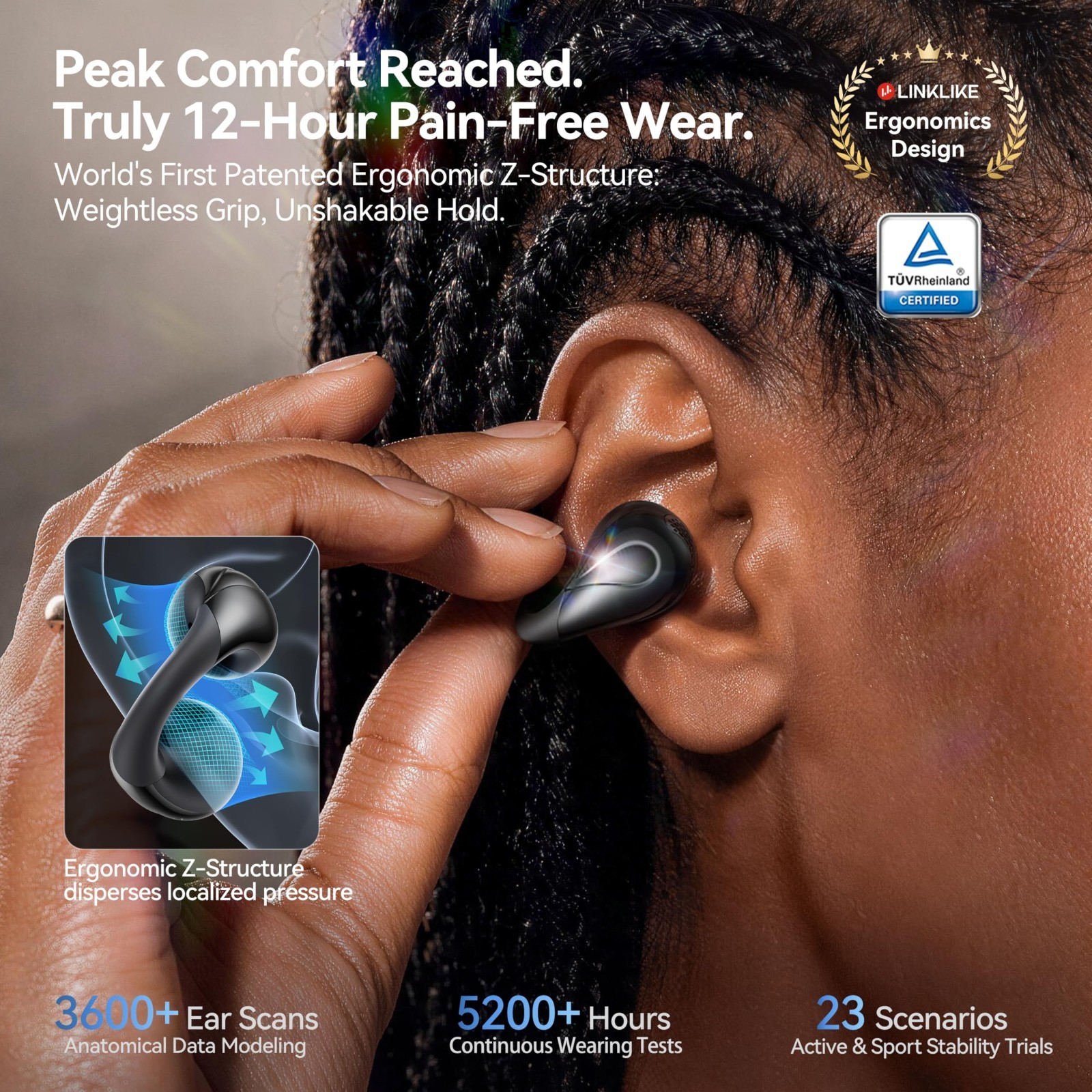 Comfortable Clip-on Earbuds with Zircon Earrings, 70H Playtime, Hi-Res Sound – P
