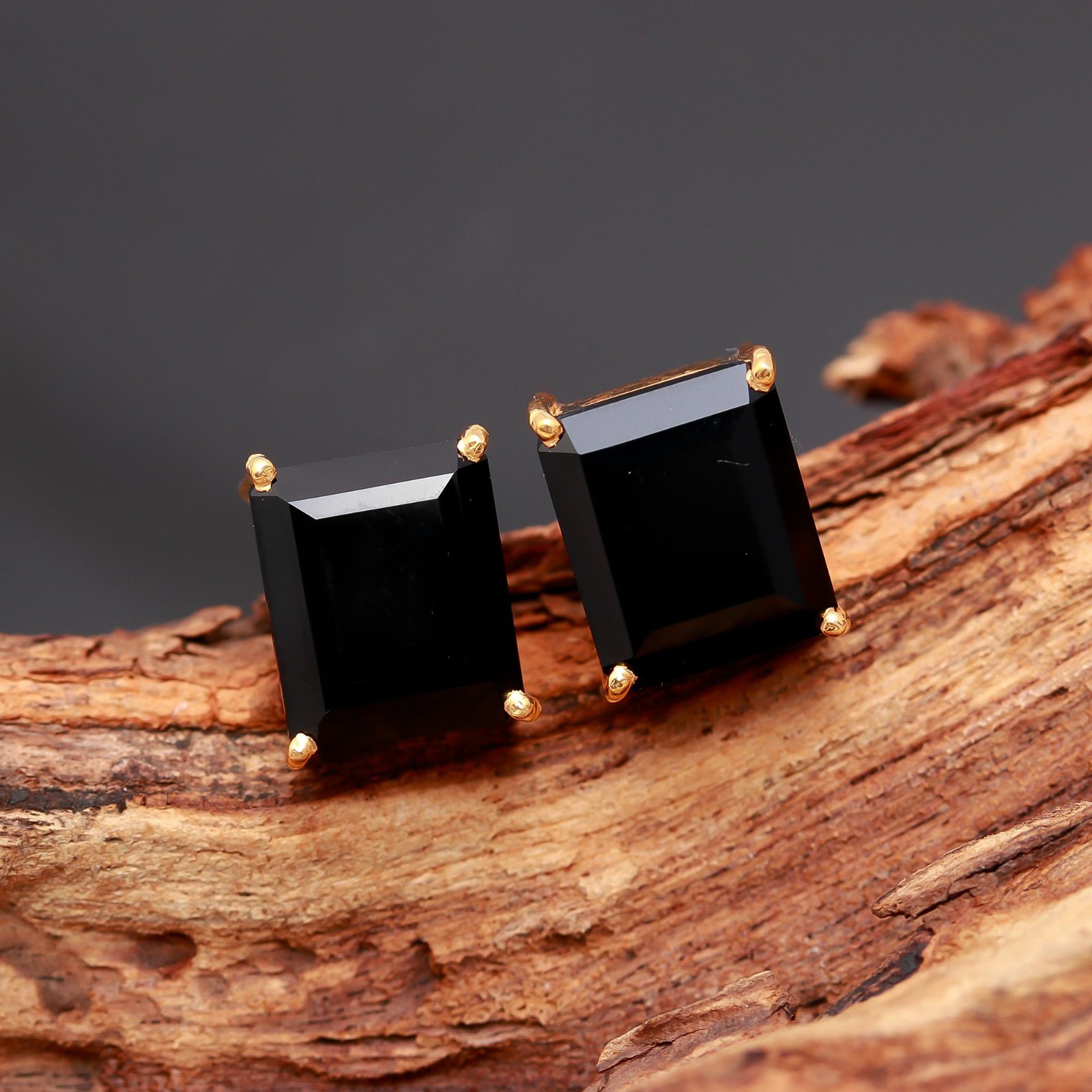 Natural Black Onyx Octagon Stud Earrings Gold Plated 925 Sterling Silver Jewelry