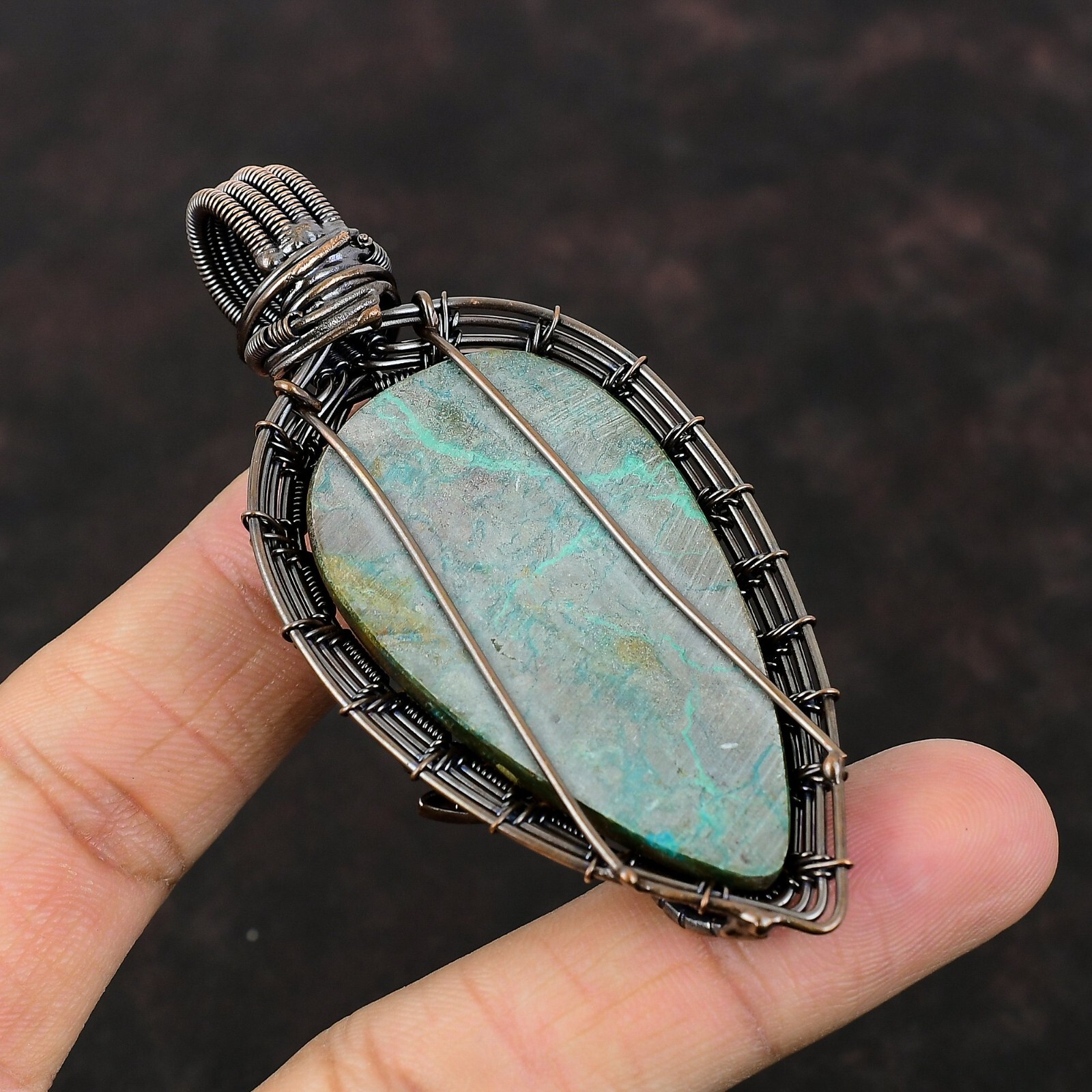 Gift Wire Wrapped Honeycomb And Dragonfly Pendant Copper Chrysocolla 3.23″