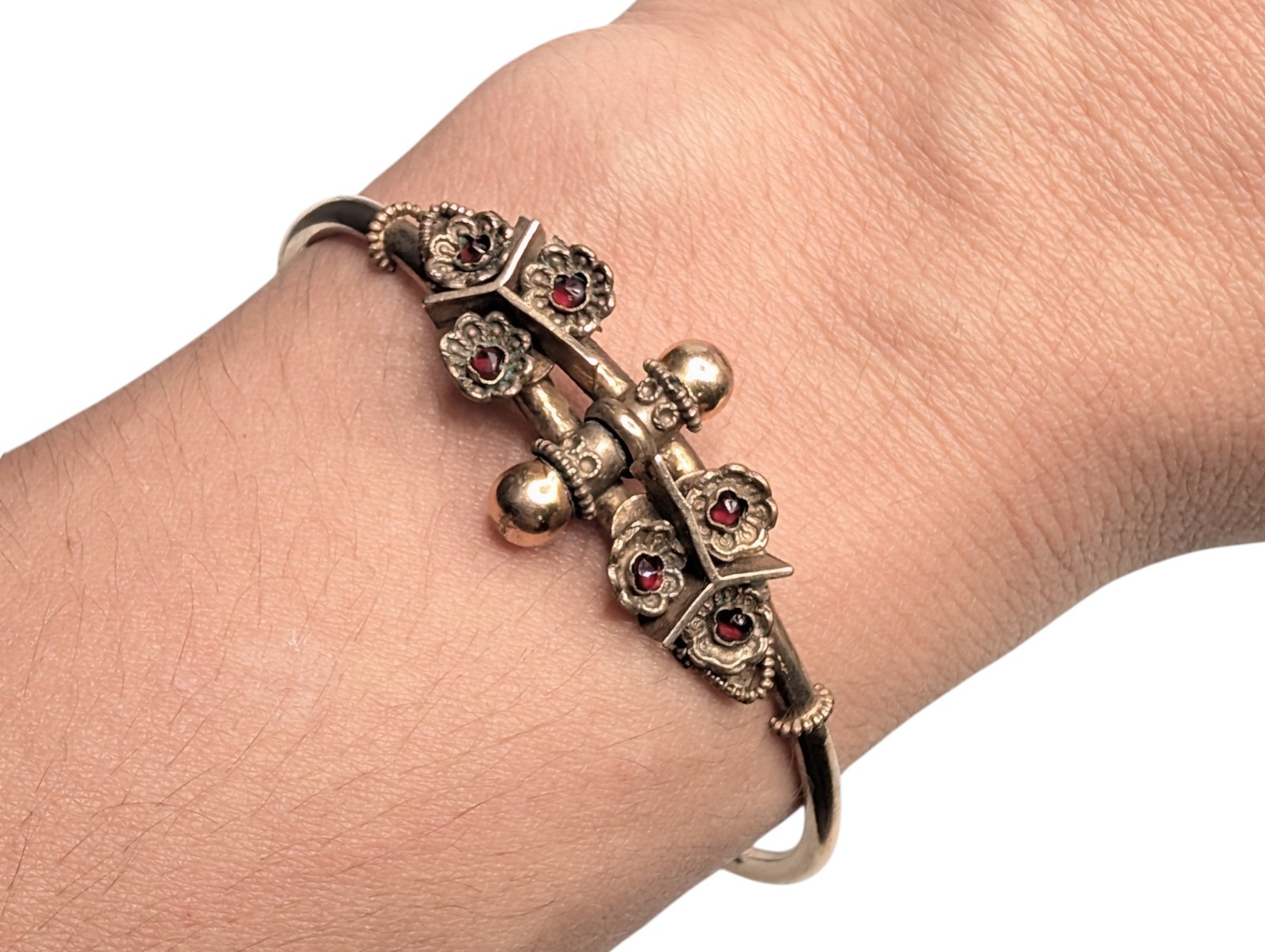 Victorian Antique Gold Filled Bohemian Rose Cut Garnet Glass Hinge Bracelet Read