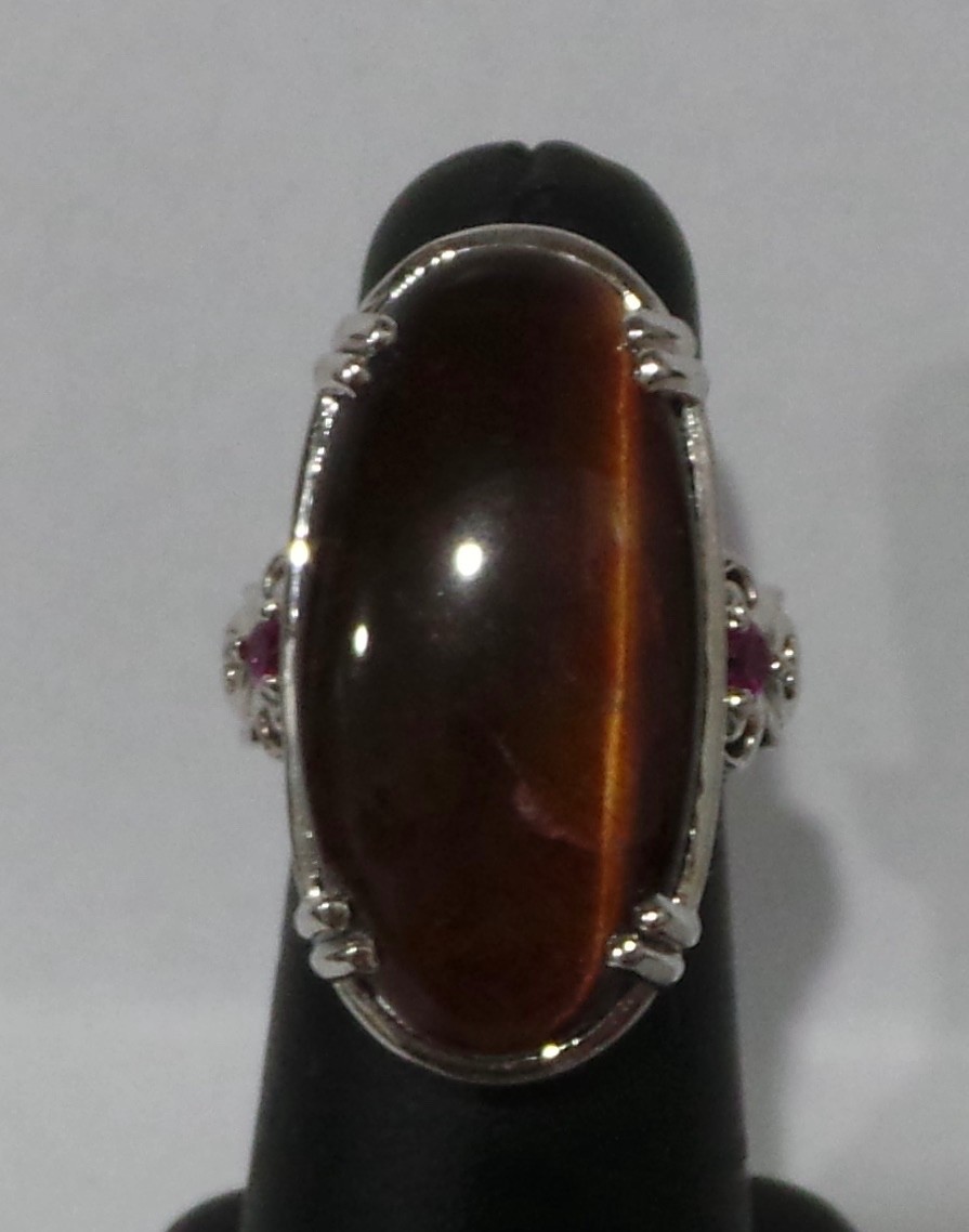 Signed STS Karis Cabochon Red Tiger Eye Ring Silver Tone Size 6 30x15mm