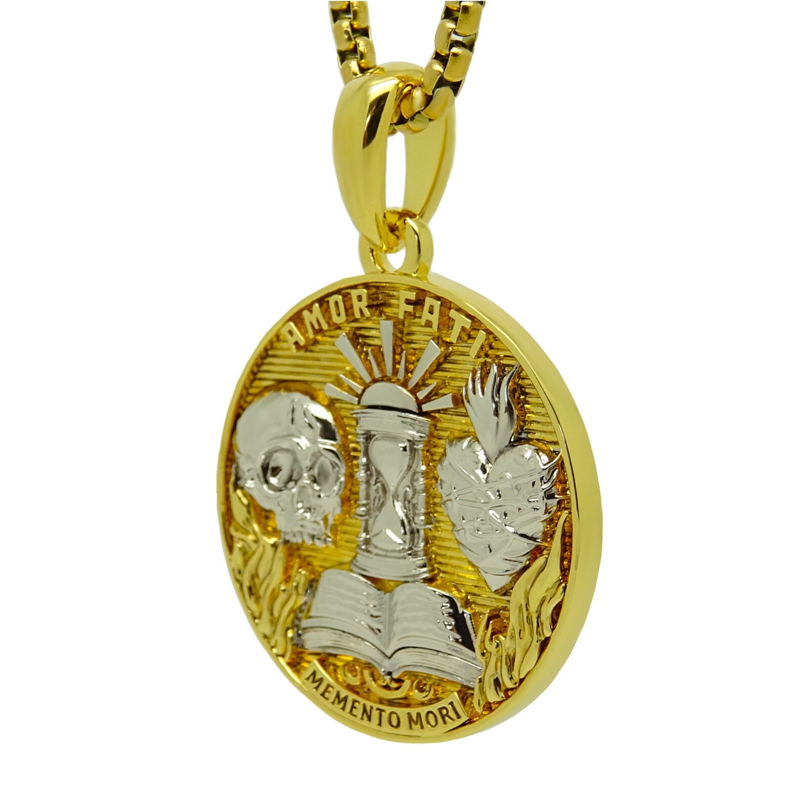Amor Fati Memento Mori Stoic Medallion Pendant Necklace Gold Plated with Chain