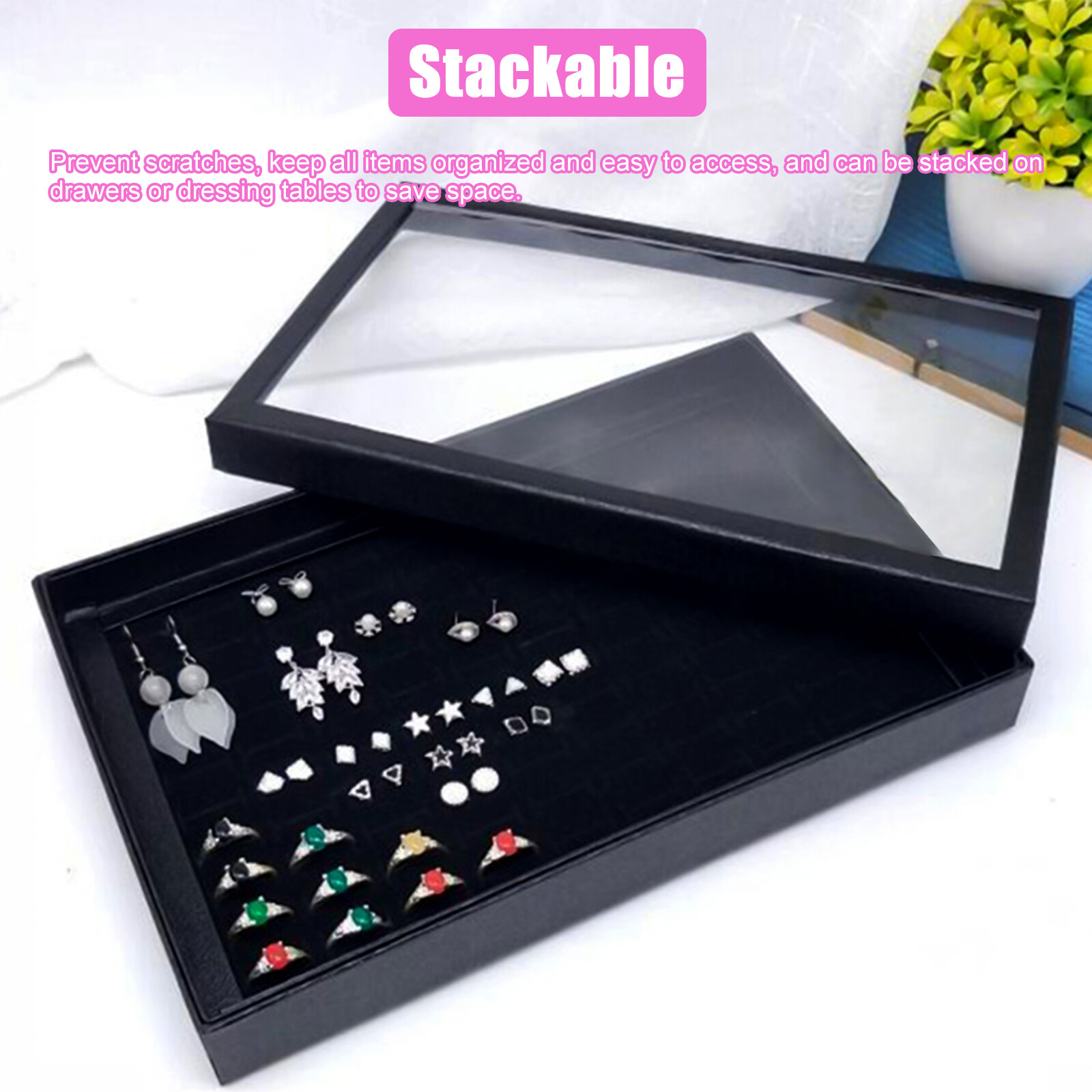 100 Slots Jewelry Ring Display Organizer Tray Holder Earrings Storage Box Case