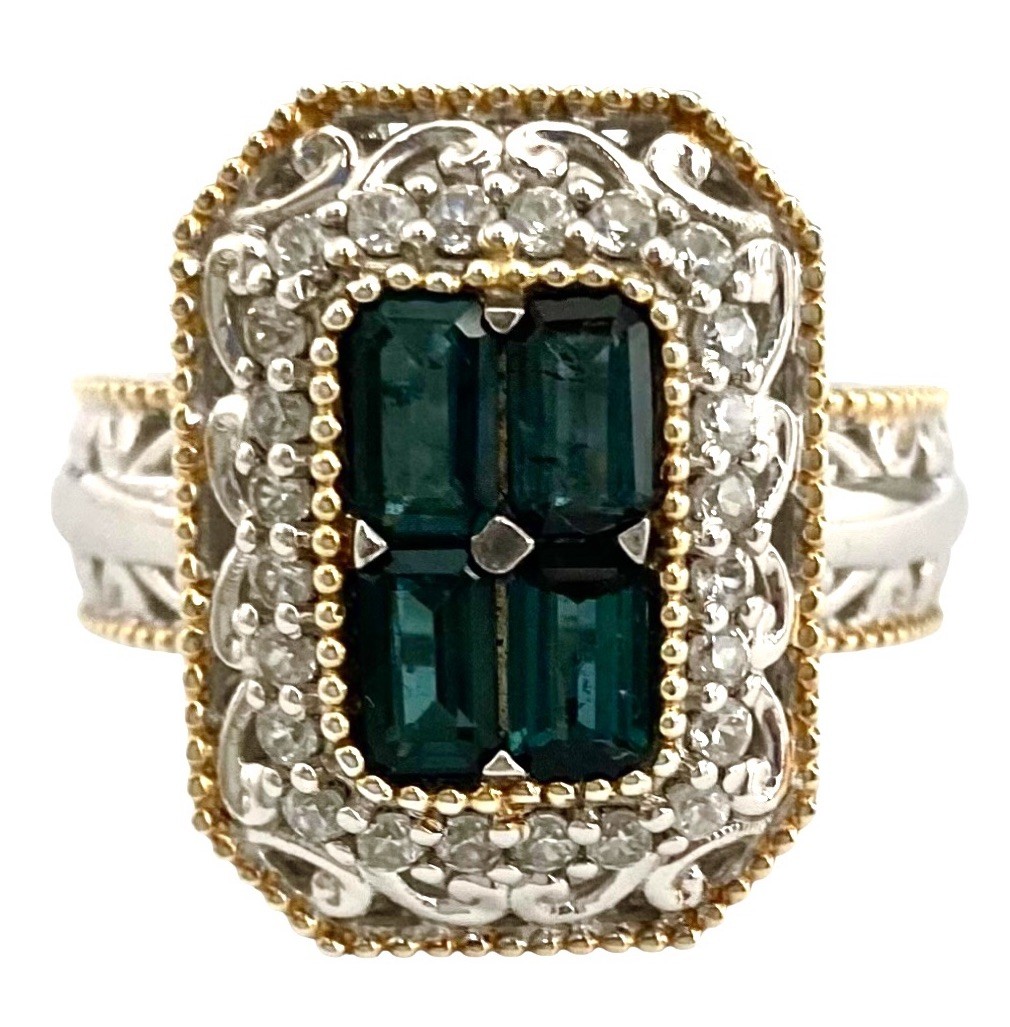 GEMS EN VOGUE 24K Gold Silver Palladium INDICOLITE & WHITE TOPAZ HALO Ring