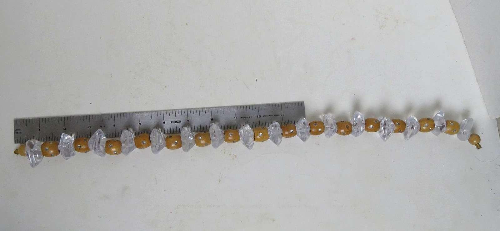 Vintage Lucite Chunks, Wood Beads Set with Rhinestones Necklace 20 Inches Length