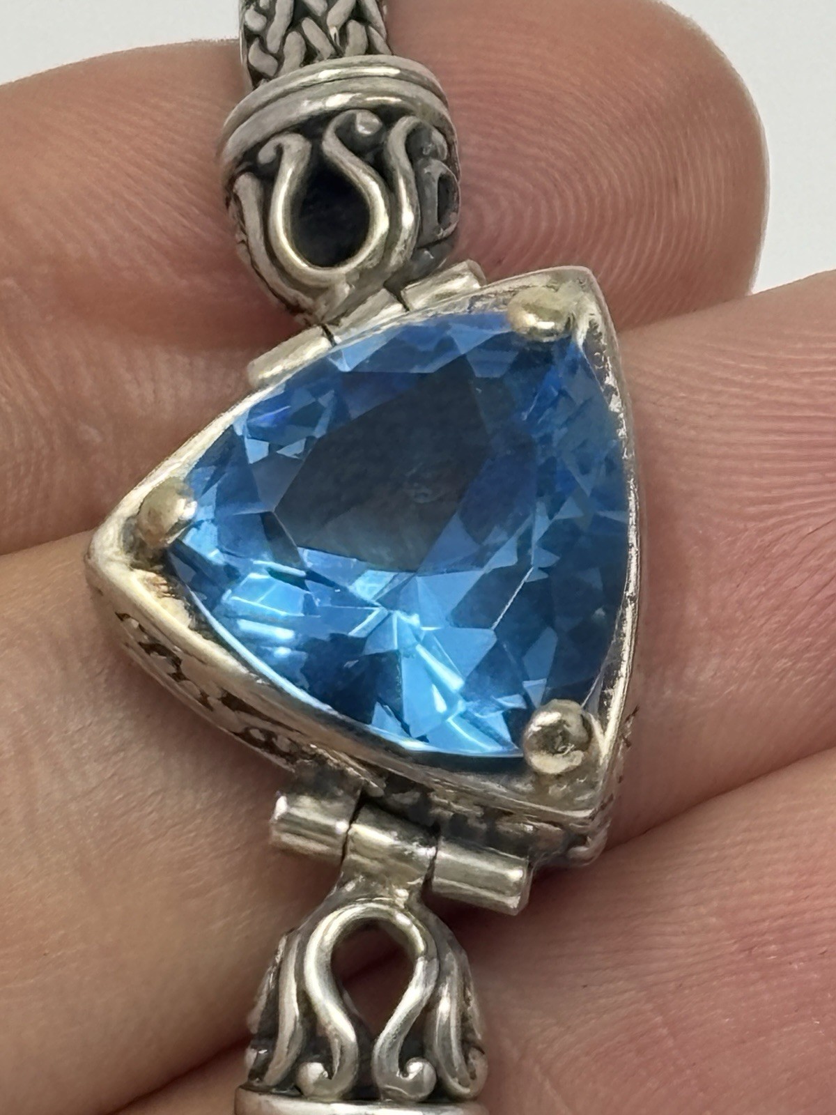 Vtg David Schorr Sterling Silver 18K Gold Blue Topaz Woven Wheat Bracelet 7.5”