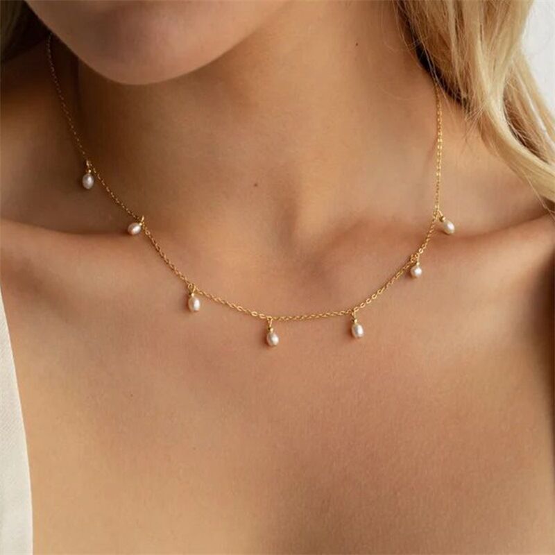 Women 14K Gold Plated Stainless Steel Pearl Tassel Pendant Chain Necklace