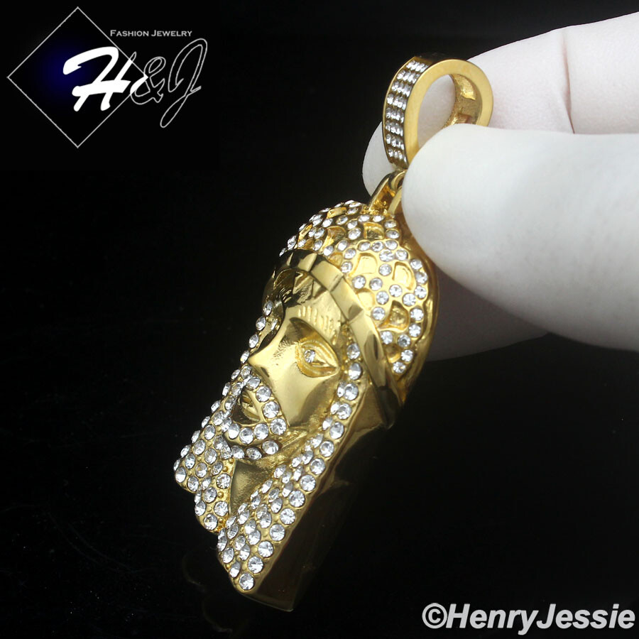 18″-40″MEN Stainless Steel 5mm Gold Plated Cuban Chain CZ Jesus Face Pendant*150