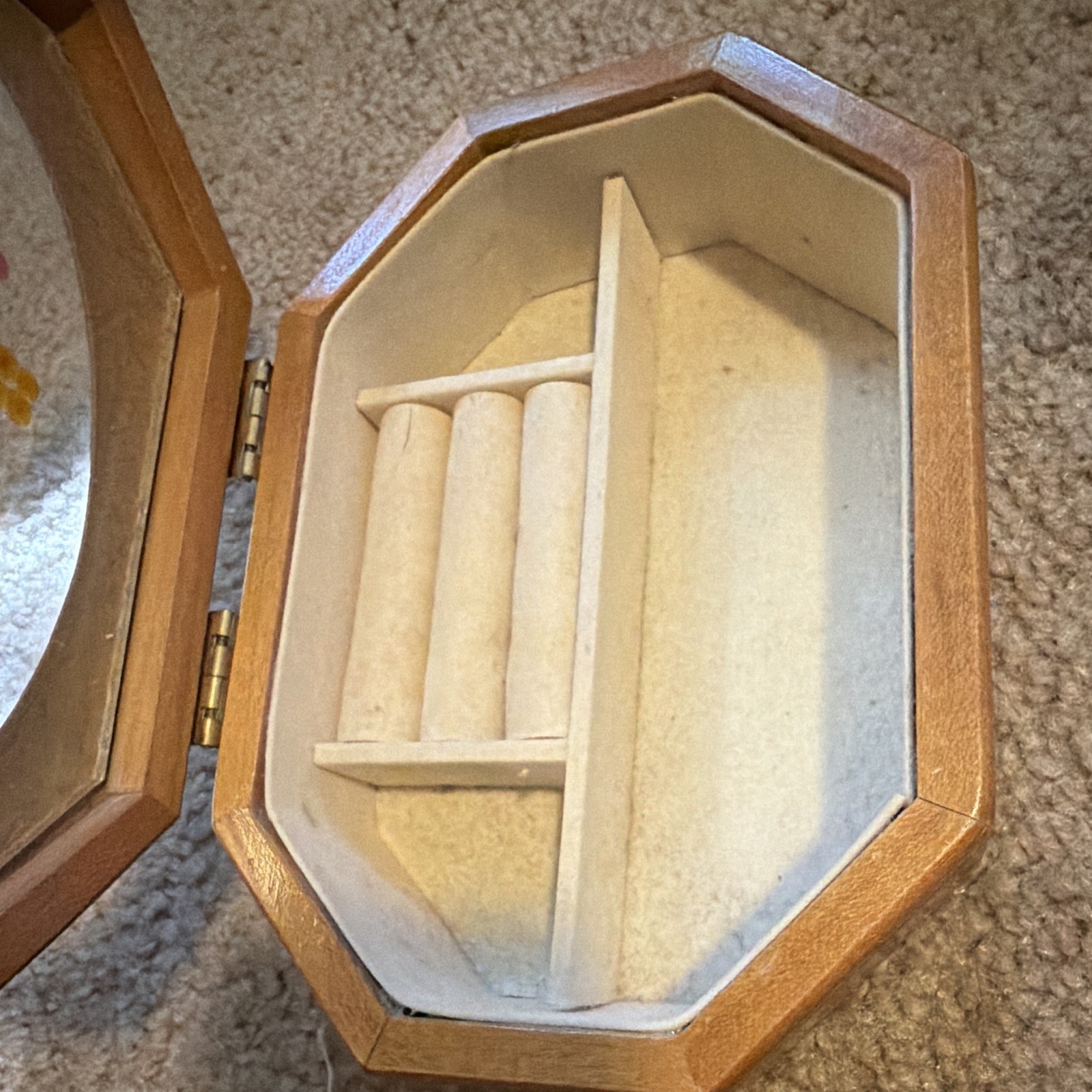 Octagon Wood Jewelry Box w/ Glass Hinged Lid, Velvet Lined Ring Rolls