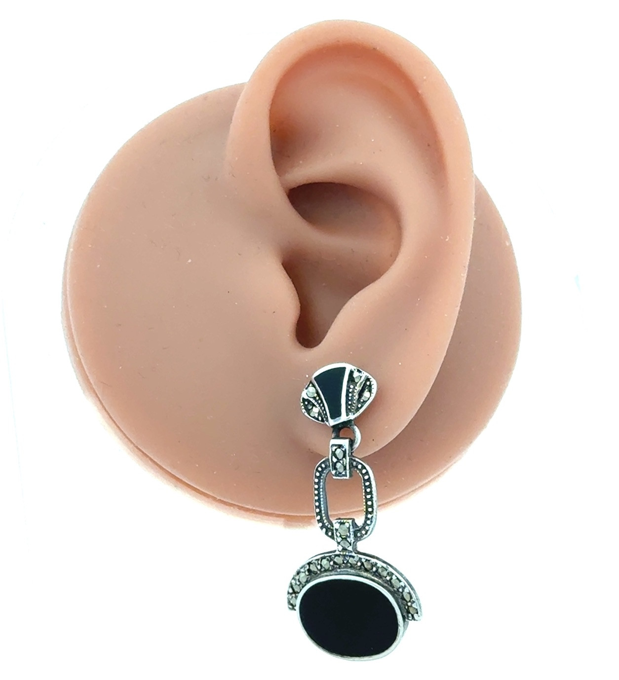 Vintage ACI 925 Sterling Silver Marcasite Black Onyx Art Deco Dangle Earrings