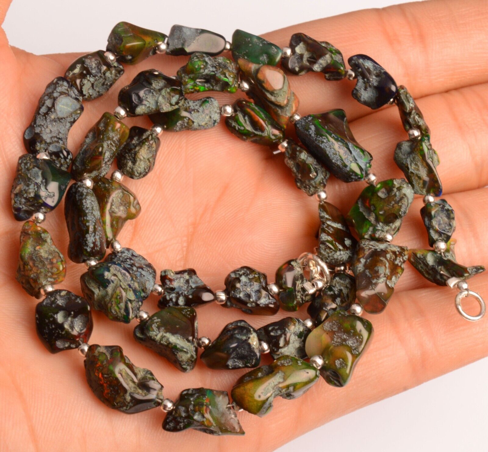 Natural Gem Black Fire Opal 9 to 15 mm Size Rough Nugget Beads 19″ Necklace