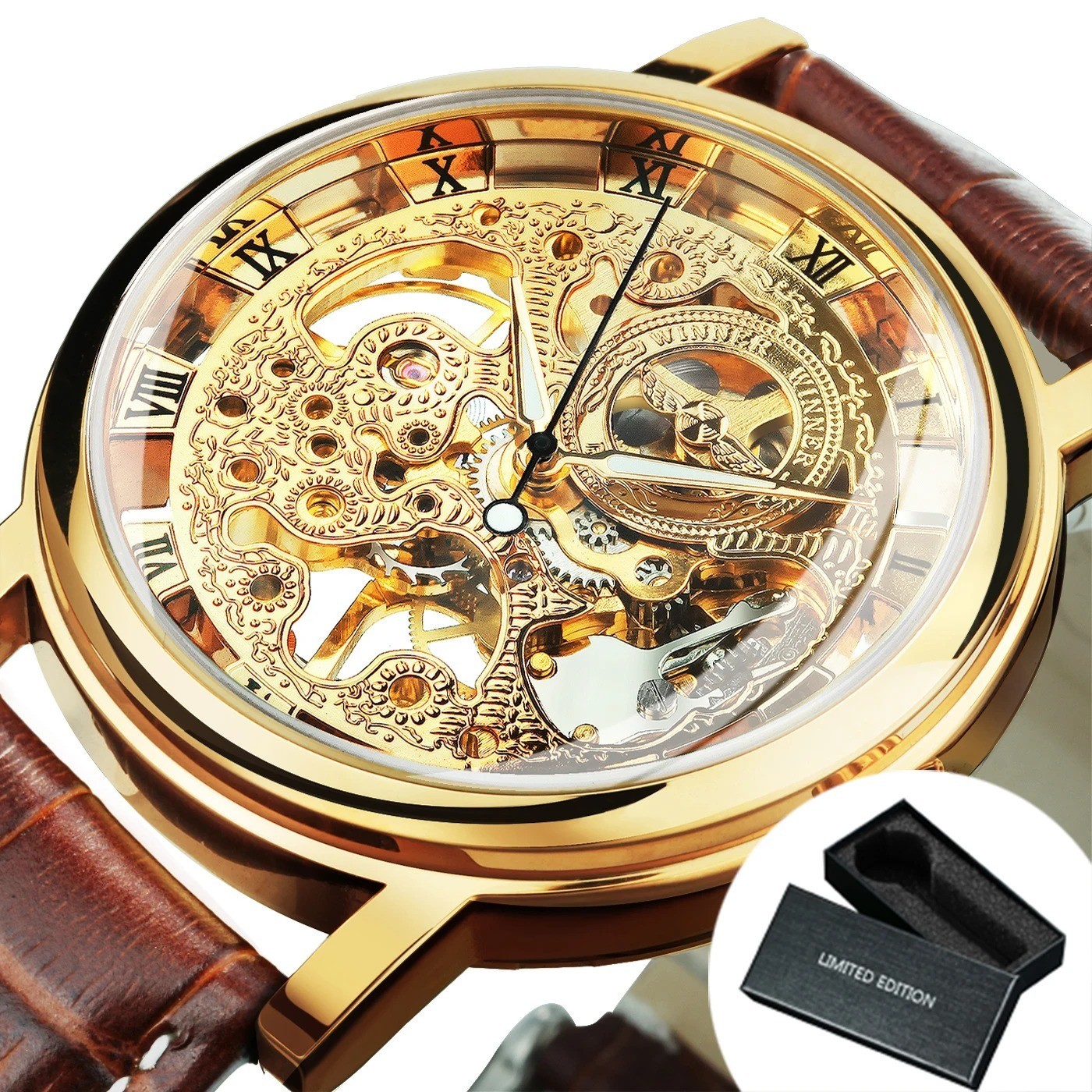 Jacob Transparent Gold Skeleton Mechanical Watch Casual Leather Strap Men