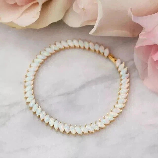 8Ct Marquise Lab Created Fire Opal Womens Tennis Bracelet 14K Yellow Gold Plated