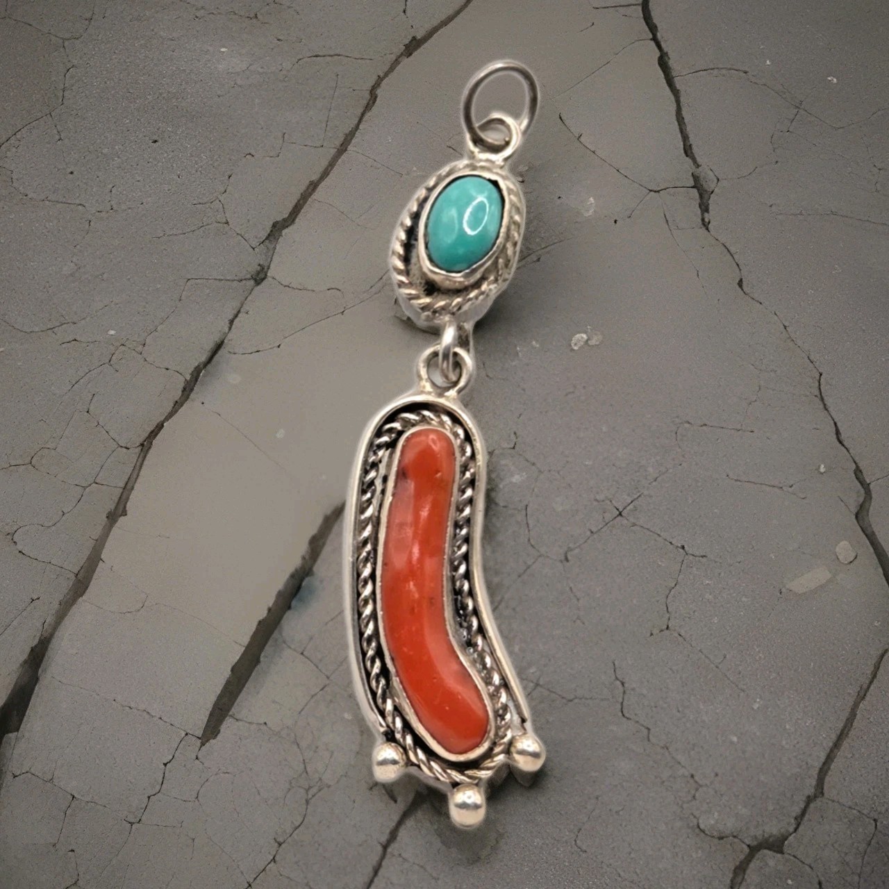 Vintage Navajo Sterling silver Natural Turquoise Red Coral Pendant
