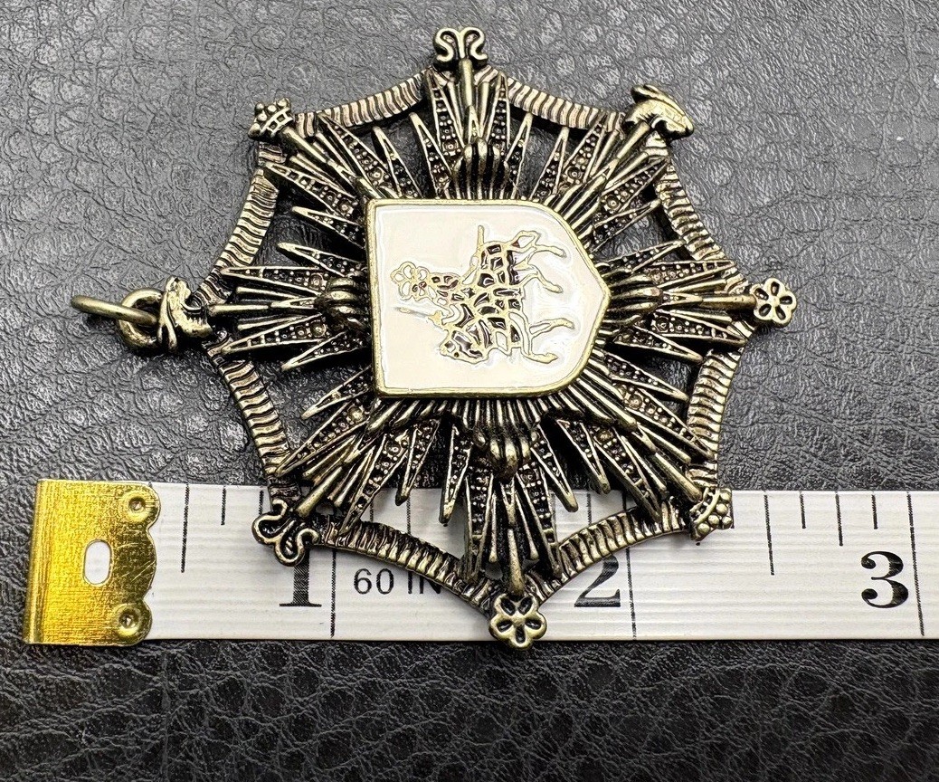 Vintage Large Heraldic Lion Knight Rampant Coat of Arms Pendant Brass Tone