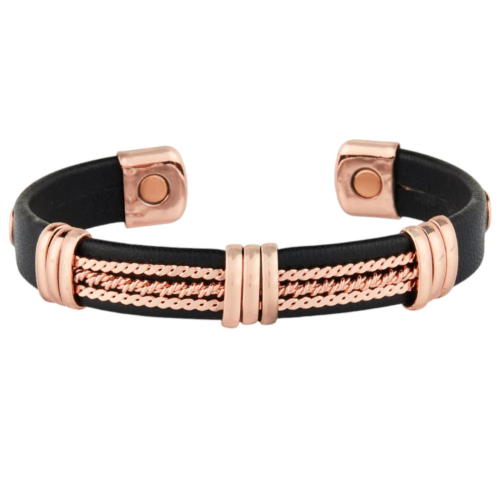 Solid Copper Leather Wrapped Magnetic Bracelet Arthritis Pain Therapy Cuff III