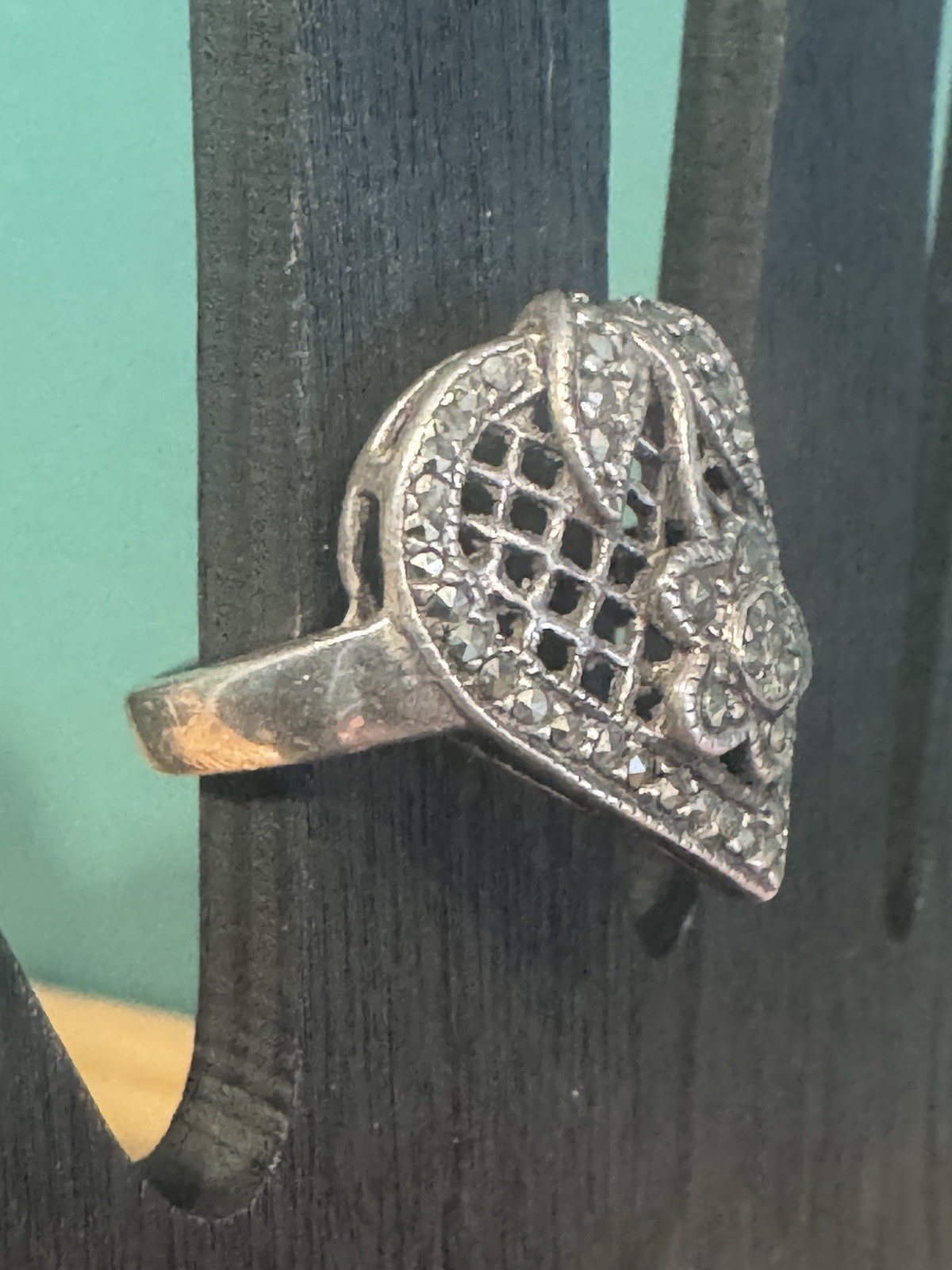 Vintage 925 Sterling Silver Marcasite Heart And Floral Ring Size 6.75