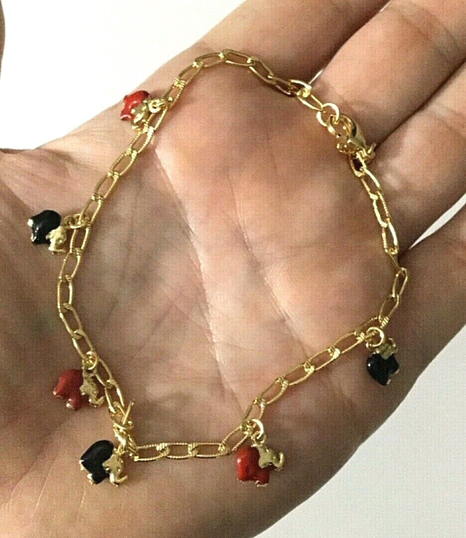 14K GOLD PLATED RED,BLACK ELEPHANT ANKLET 10″ LONG/TOBILLERA ELEFANTE 10″ – A12