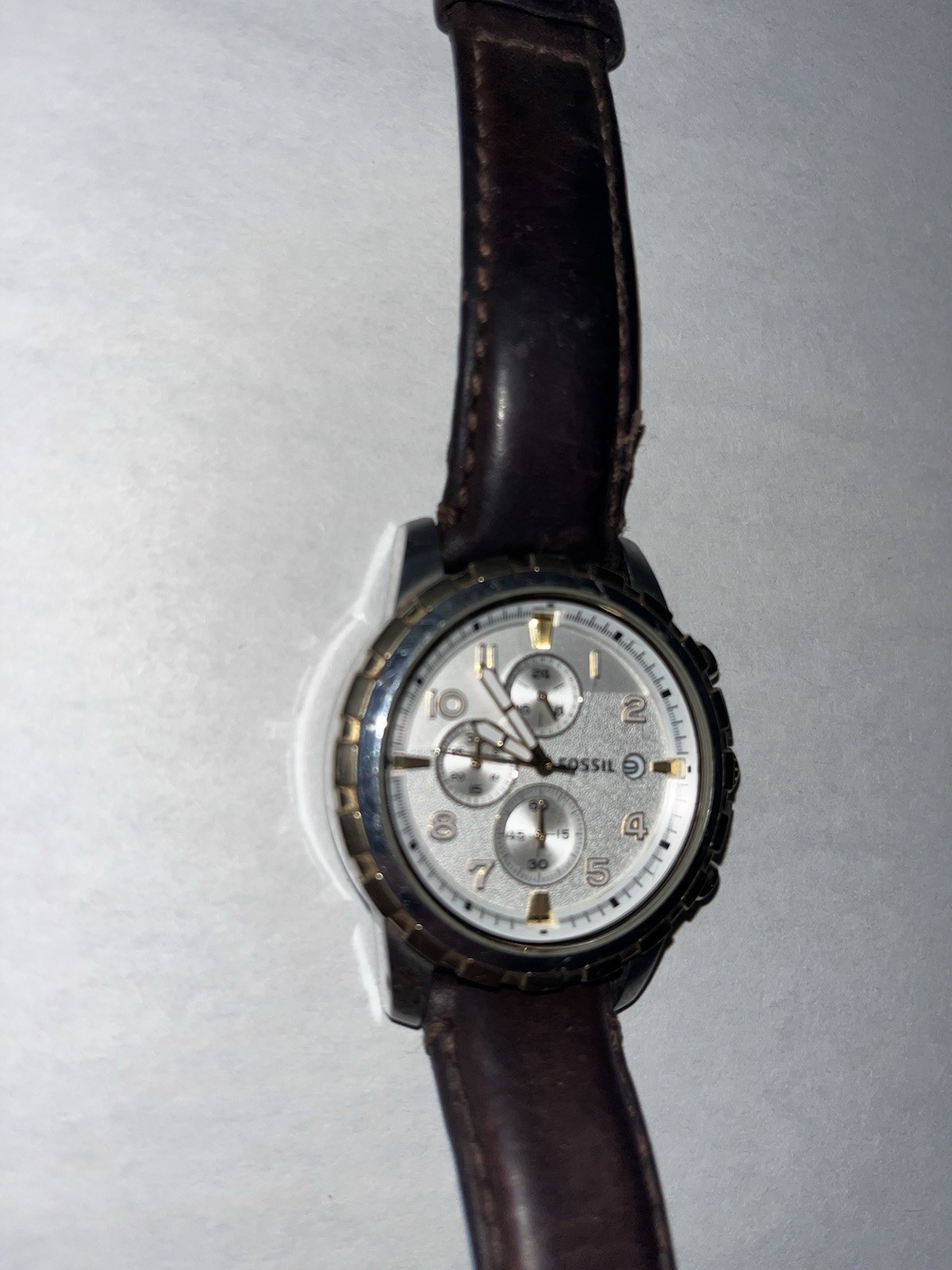Fossil Chronograph 12-Hour Analog Watch White Dial Brown Leather Strap