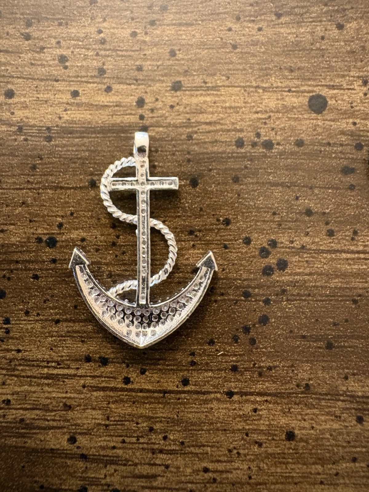 Silver Tone Nautical Anchor Cross Pendant Pavé Round White Crystal Rhinestones