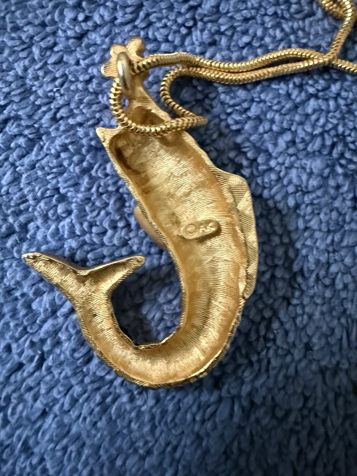 Vintage 1990s Anne Klein Necklace Matte Gold Tone Koi Fish With Pearl Eye & Mout