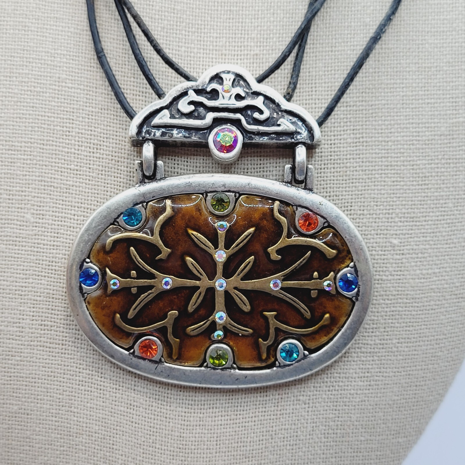 Chico’s Enamel and Rhinestone Pendant Necklace Triple Stand Cord Vintage Signed