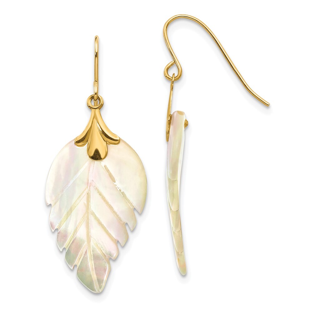 14k Yellow Gold Mother of Pearl Leaf Dangle Earrings For Womens 0.27g