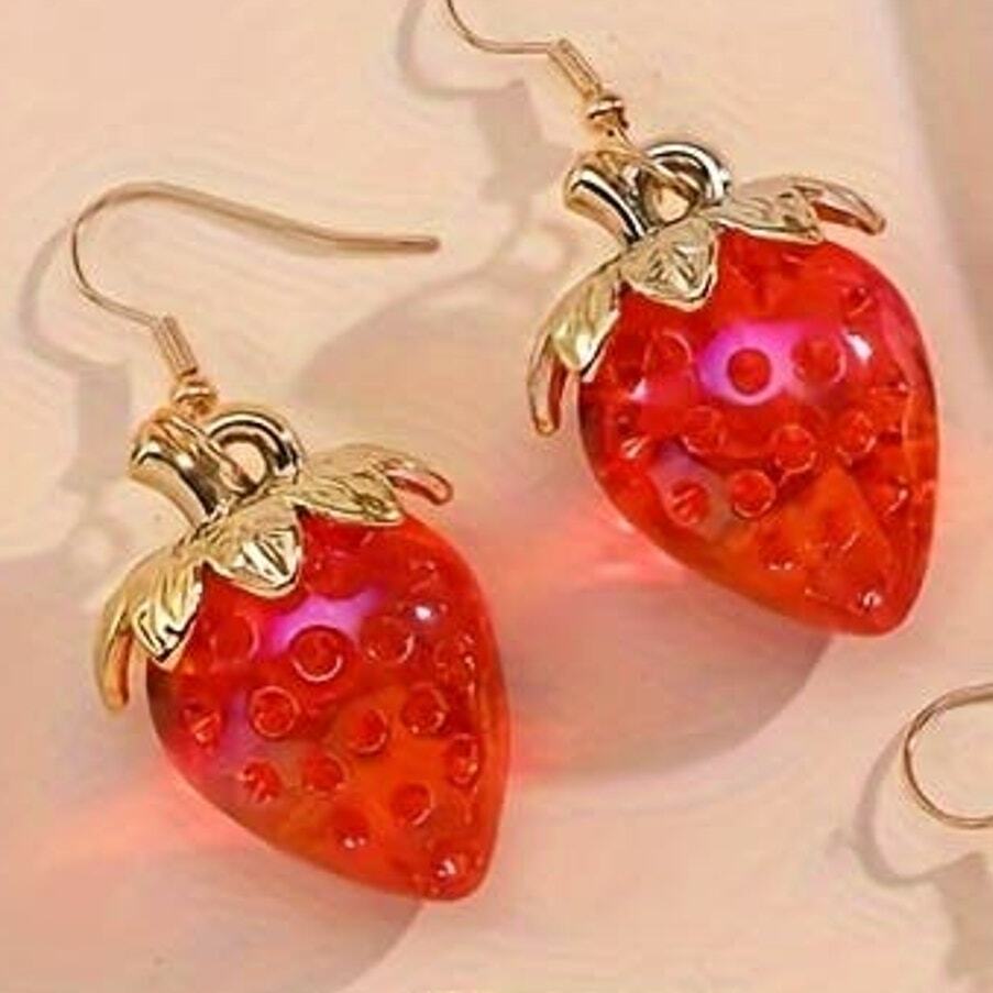 Strawberry Red Dangle Earrings Whimsical Cottagecore Feminine Best Seller