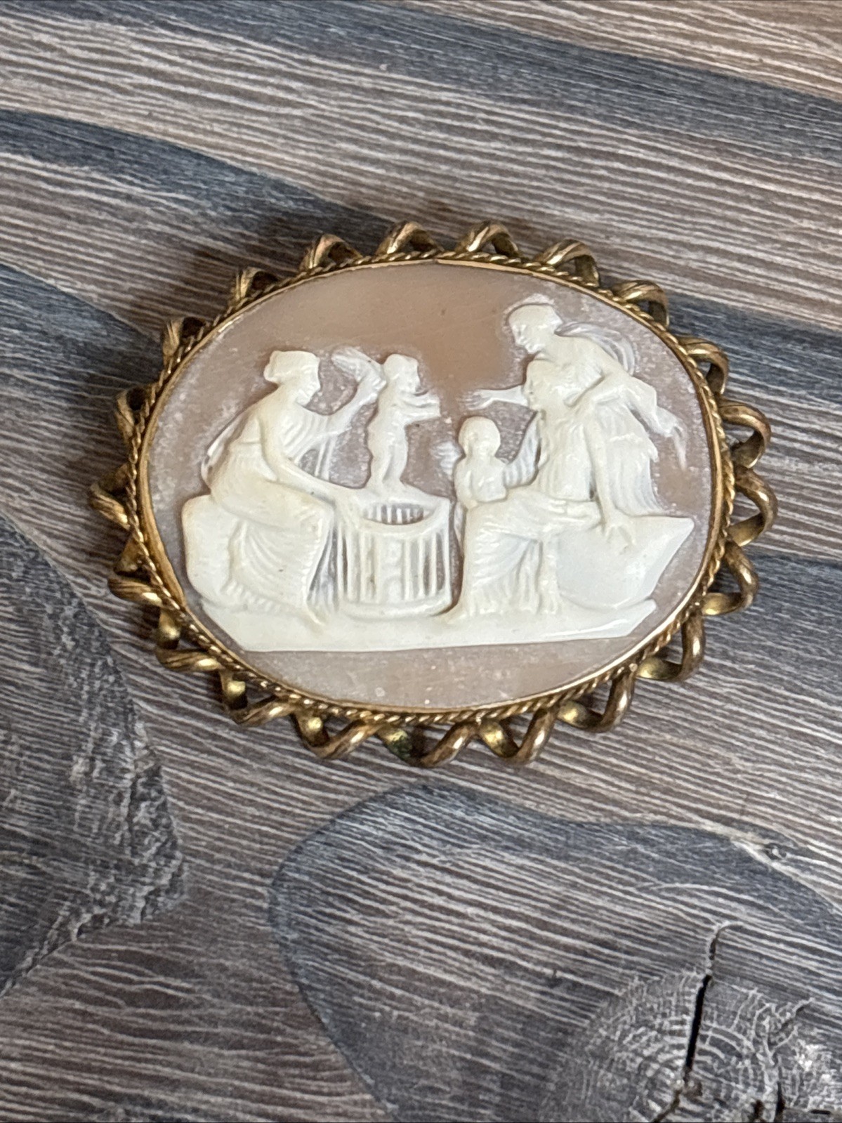 Vintage Antique Carved Shell Cameo 3 Ladies 2 Cherubs Full Scene Brooch
