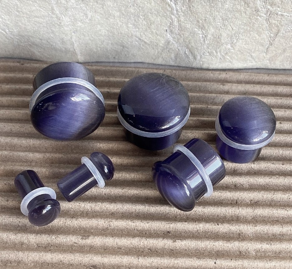 PAIR Violet Cat Eye Stone Plugs Single Flare Tunnels Earlets Gauges Body Jewelry
