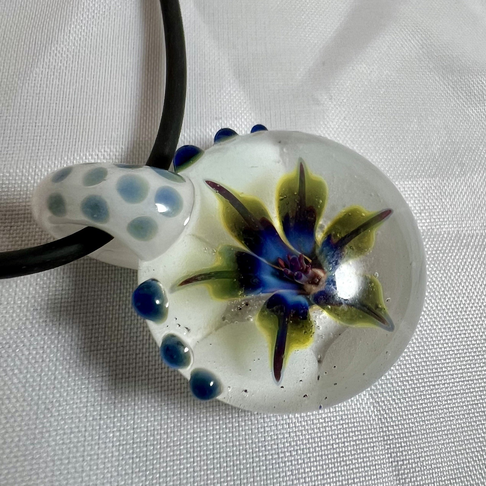 Blown Glass Art Pendant Blooming Flower Green Blue 3D Murano Lampwork Nacklace