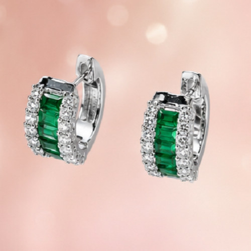 2ct Baguette Simulated Green Emerald/Diamond Hoop Earrings 14k White Gold Plated