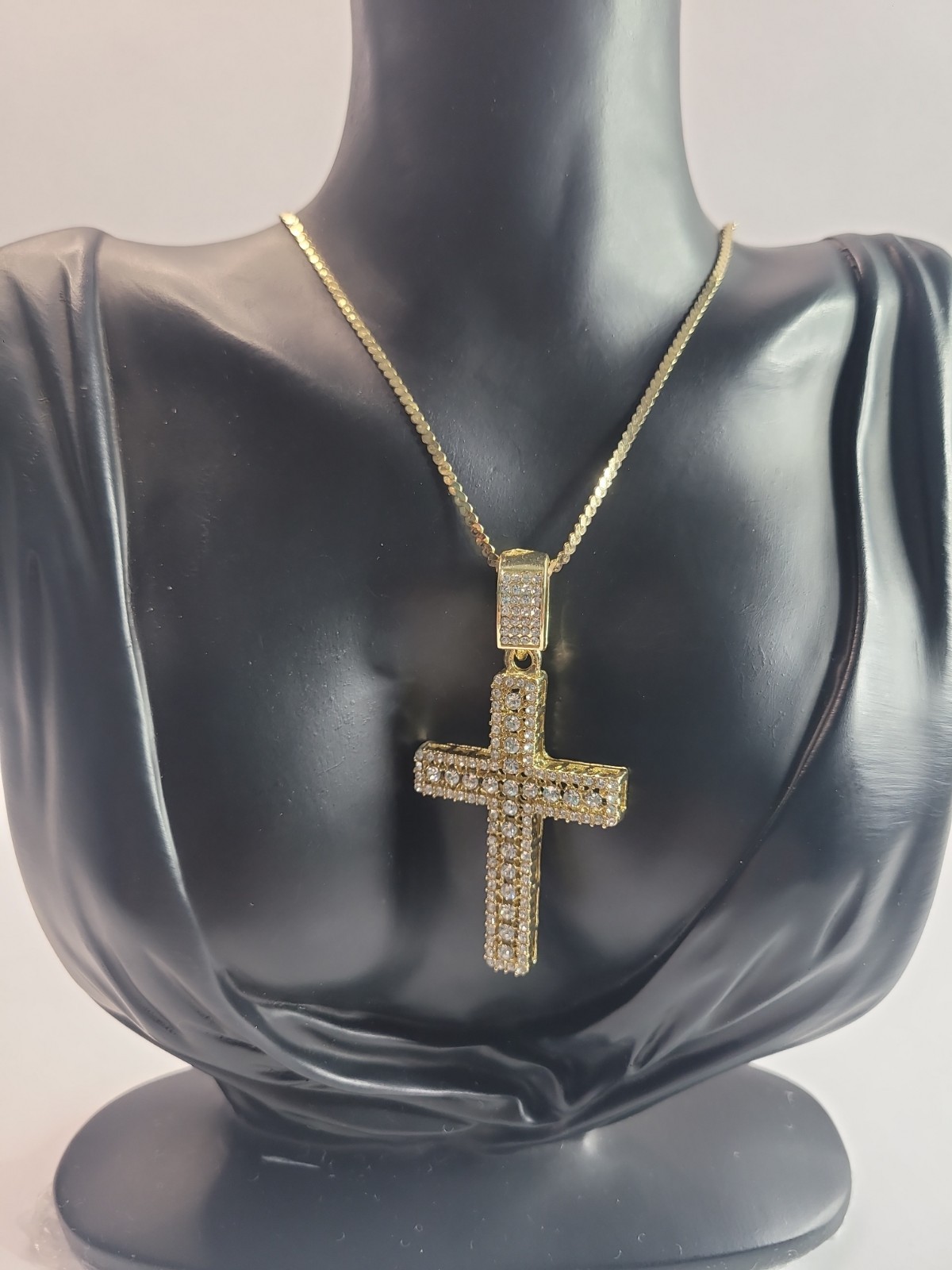 Gold Tone Iced Out Cross Pendant Necklace Clear Rhinestone Pave Hip Hop Style