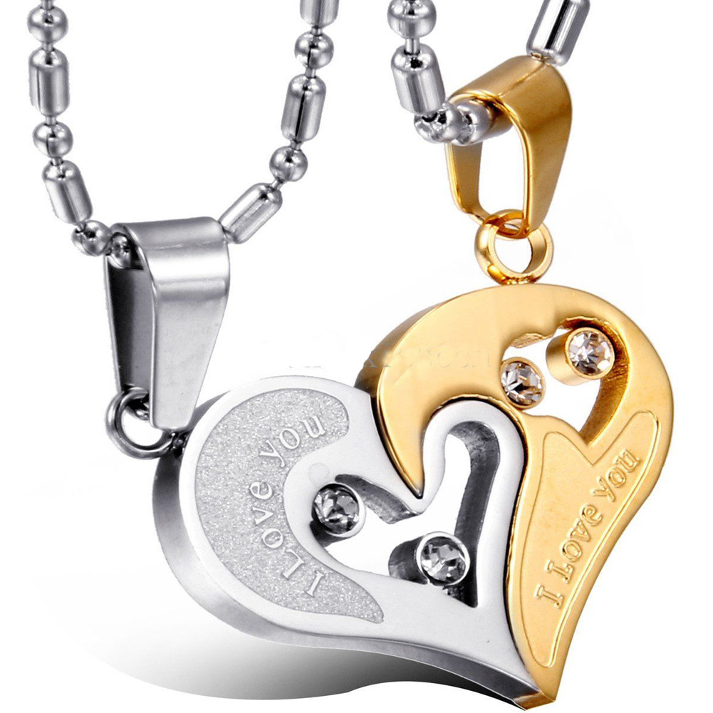 Stainless Steel Men Women Lover Couple Necklace I Love You Heart Shape Pendant