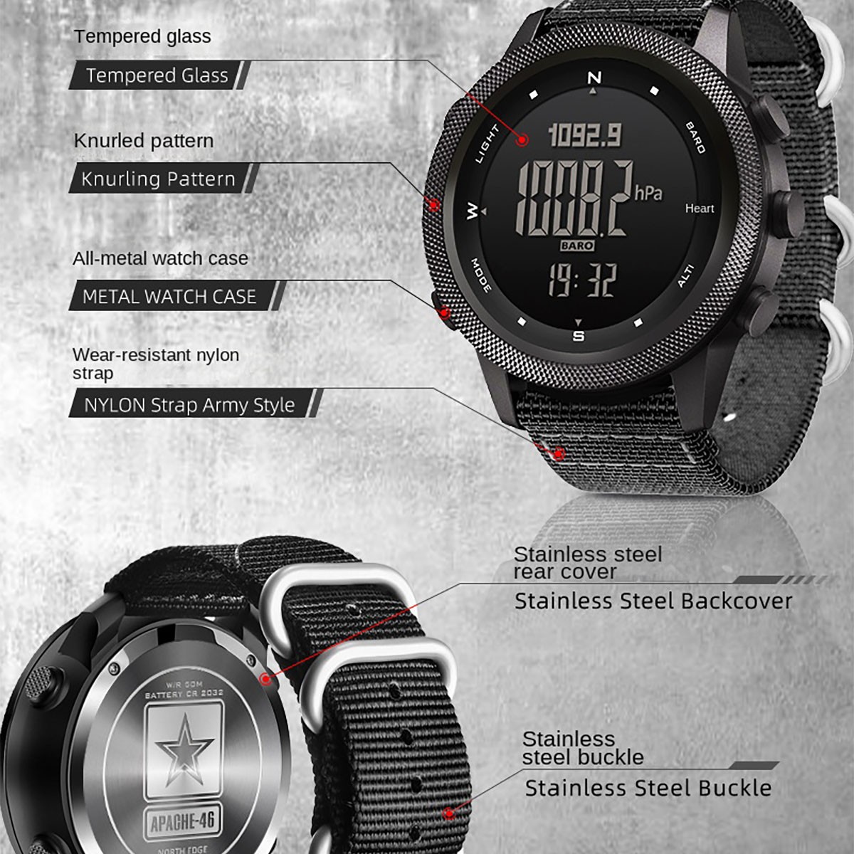 North Edge Apache-46 Smart Men Military Outdoor Sports Barometer Compass Watch