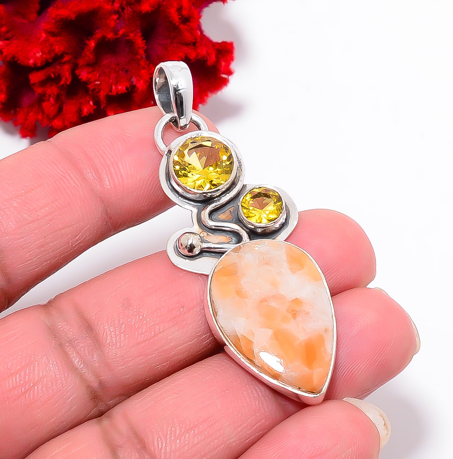 Orange Calcite- Peru & Citrine Handmade 925 Sterling Silver Pendant 2.03″ P94330
