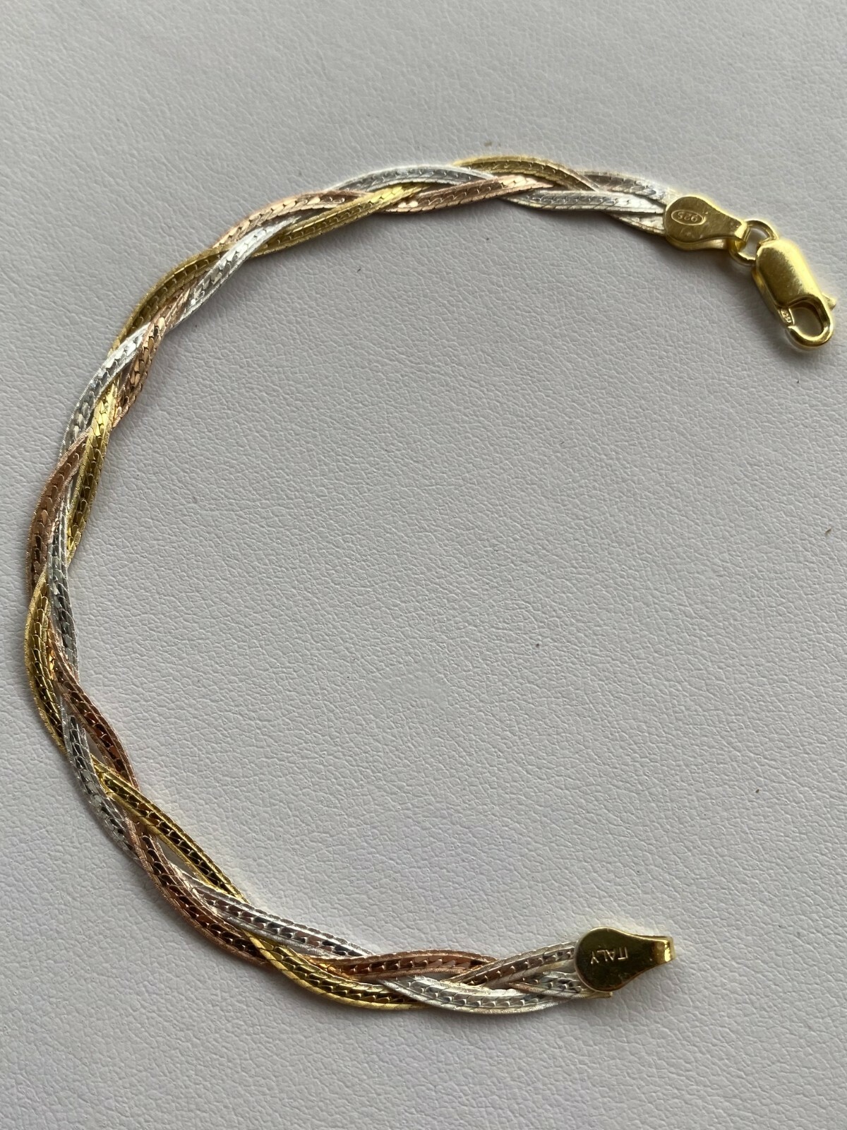 925 Silver TriColor Yellow Rose Gold Plated Twisted Braided Herringbone Bracelet