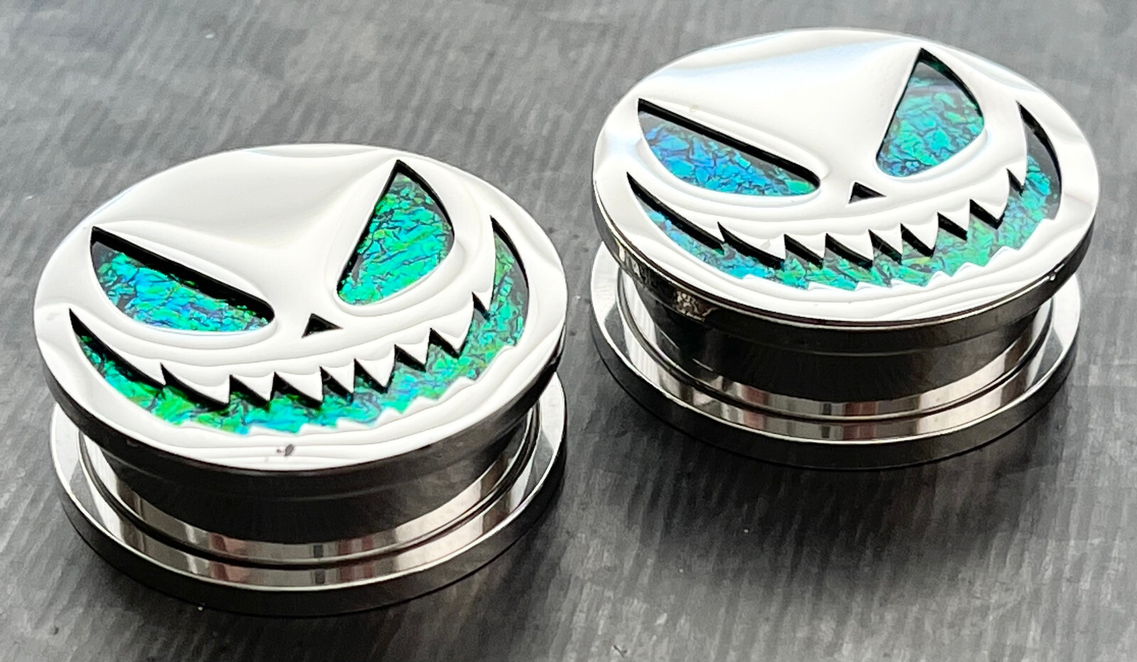 PAIR Scary Jack-O-Lantern Opal Glitter Screw Fit Tunnels Ear Plugs Earlet Gauges