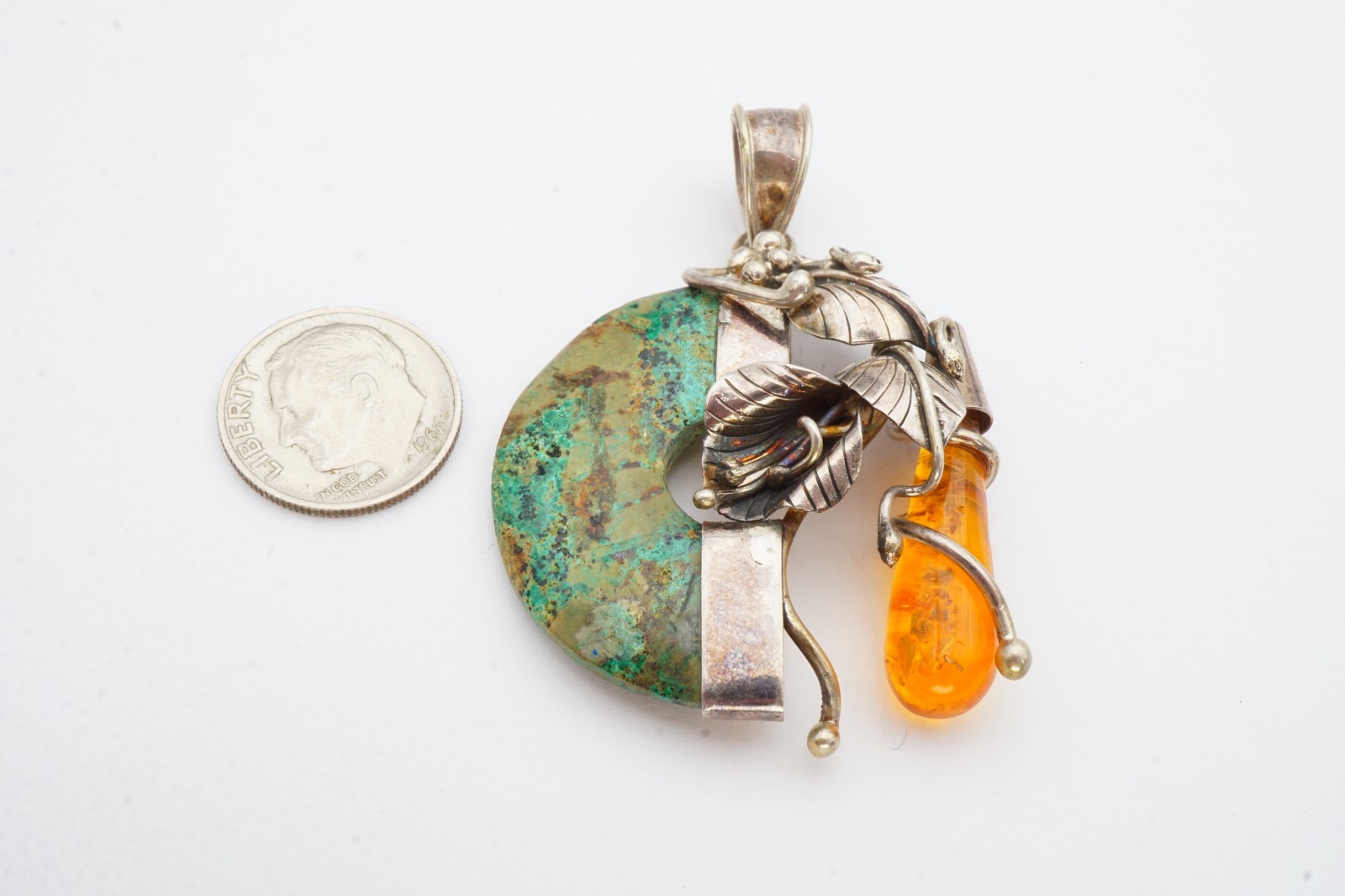 Vintage Sterling Silver 925 Amber Turquoise Pendant