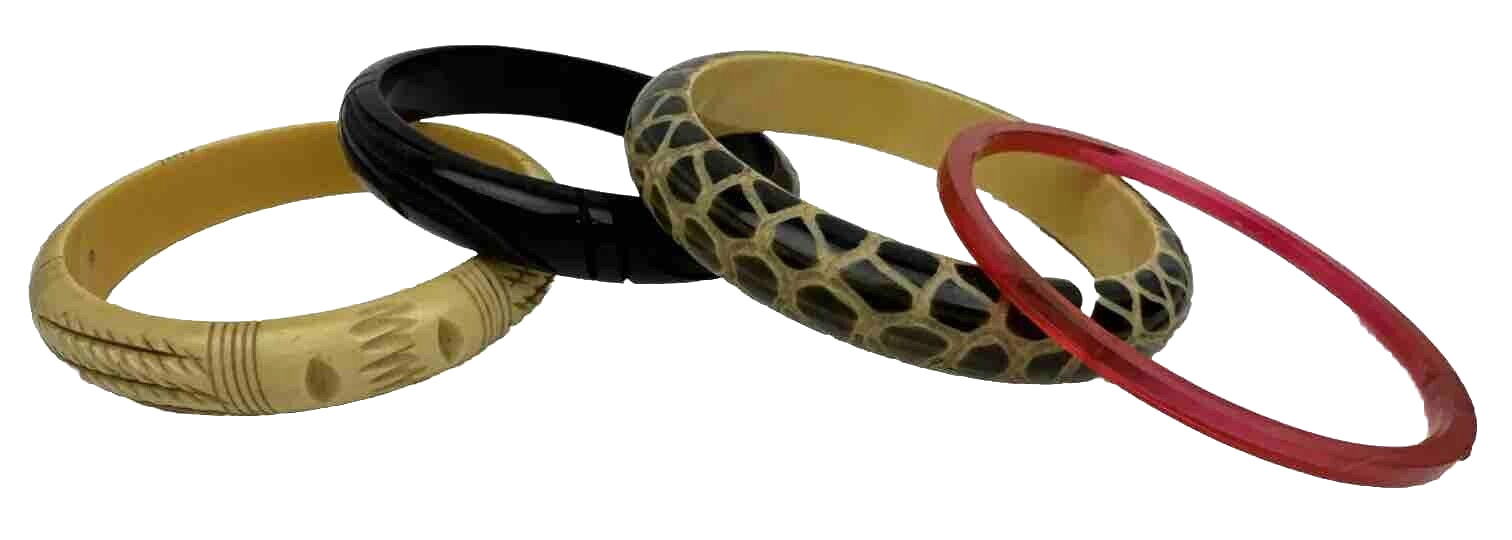 Vtg Bangle Bracelet Lot Plastic Carved Black Yellow Red Rhinestone
