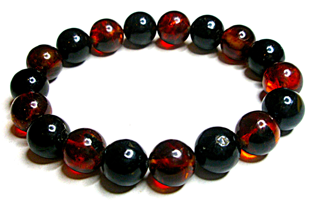 Real Baltic Amber Boho Round Beads 9 mm, Bracelet 16 cm 6.3”, Red Cherry, Black