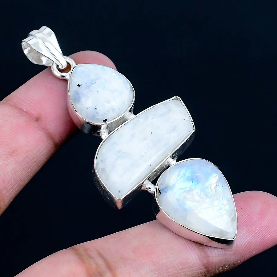 Rainbow Moonstone 925 Silver Plated Handmade Pendant of 2.56″