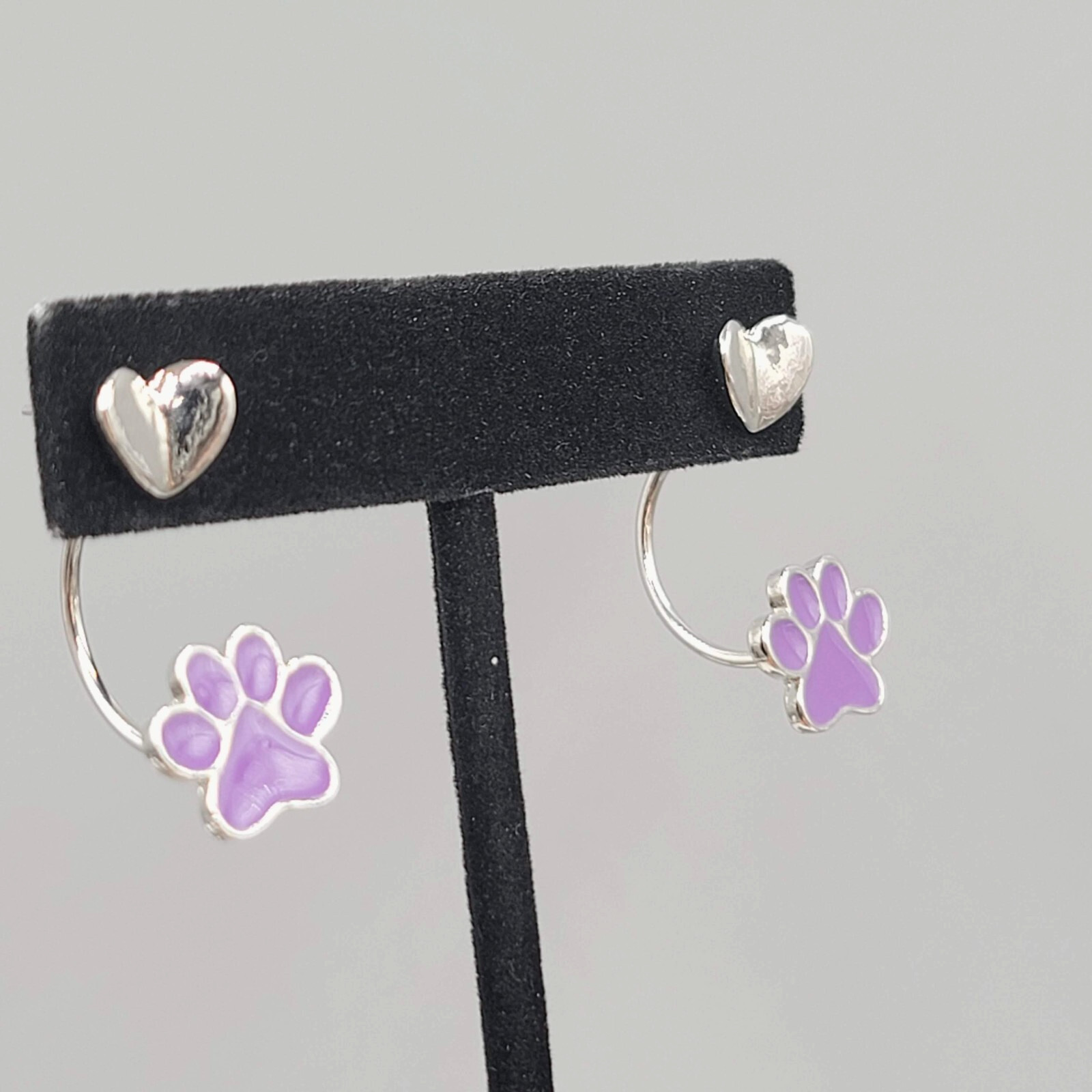 Pierced Earrings Purple Enamel Paw Drop Jacket Silver tone 1.25″