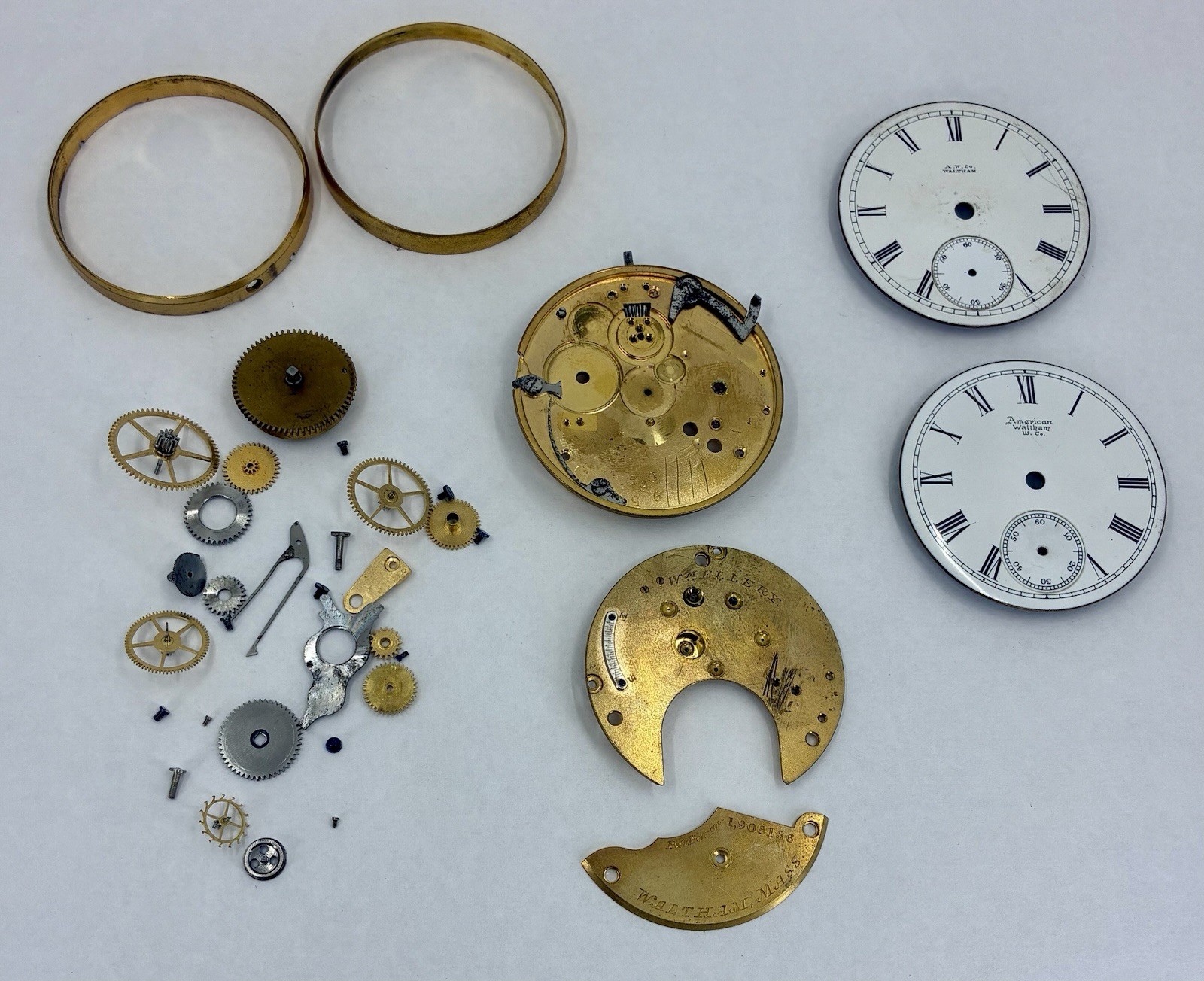 2 Waltham Dials and 18S Waltham WM Ellery 1877 Pocket Watch Parts of Movement