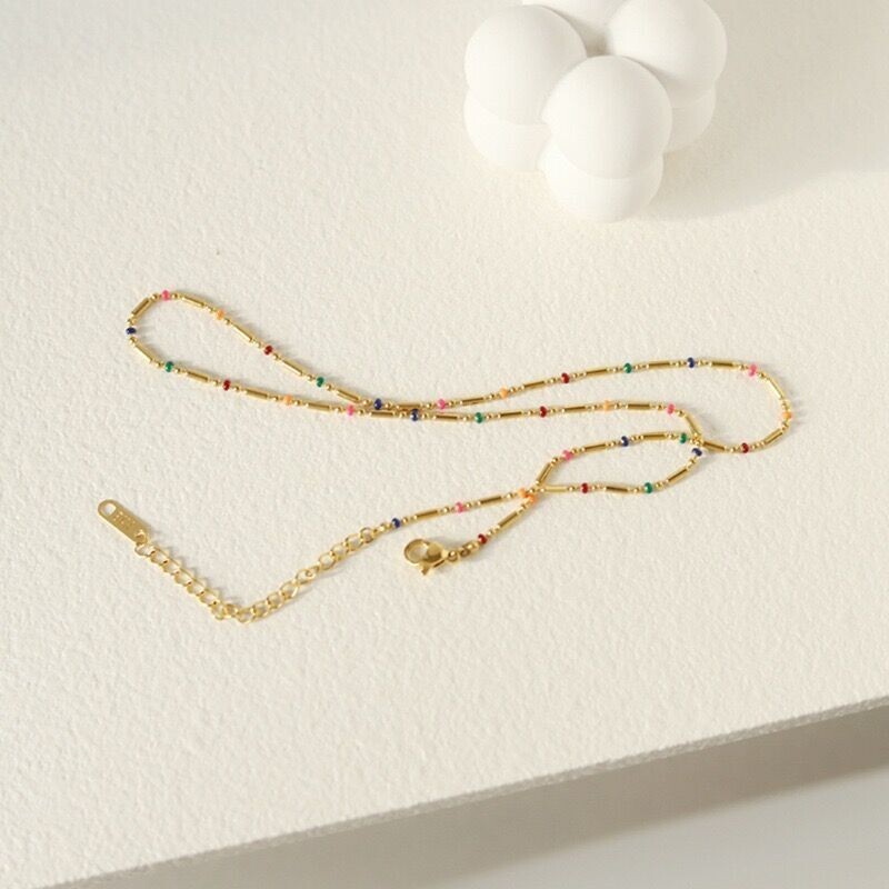 Woman 18K Gold Plated Stainless Steel Enamel Multicolor Bead Oval Necklace Chain