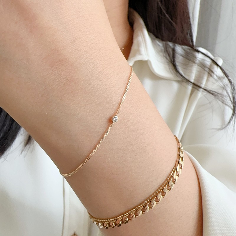 14K Real Gold Solitaire Round CZ Simple Daily Thin Cuban Women Bracelet Jewelry