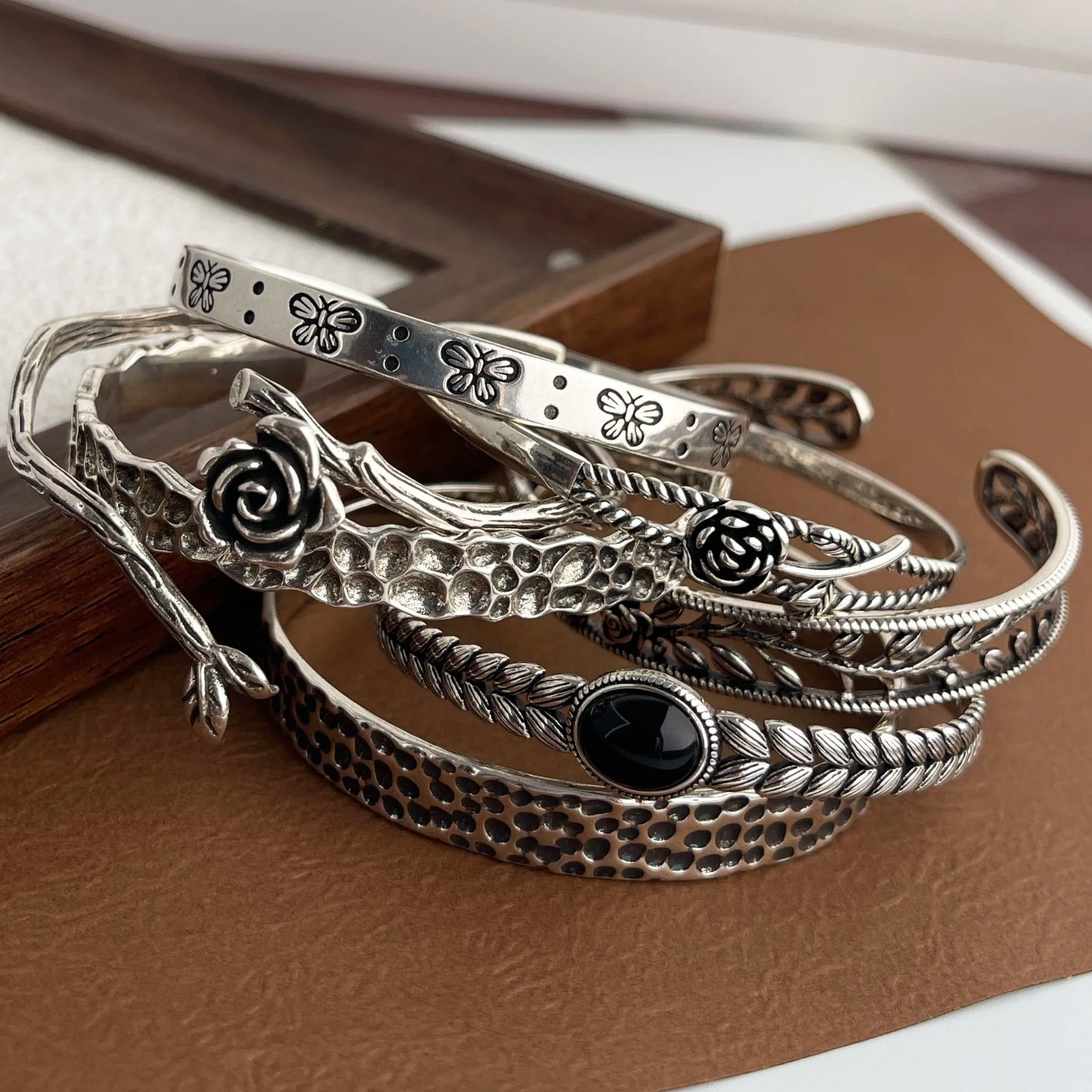Women Cuff Bangle Vintage Flower Retro Rose Set Sterling Silver Jewelle Bracelet