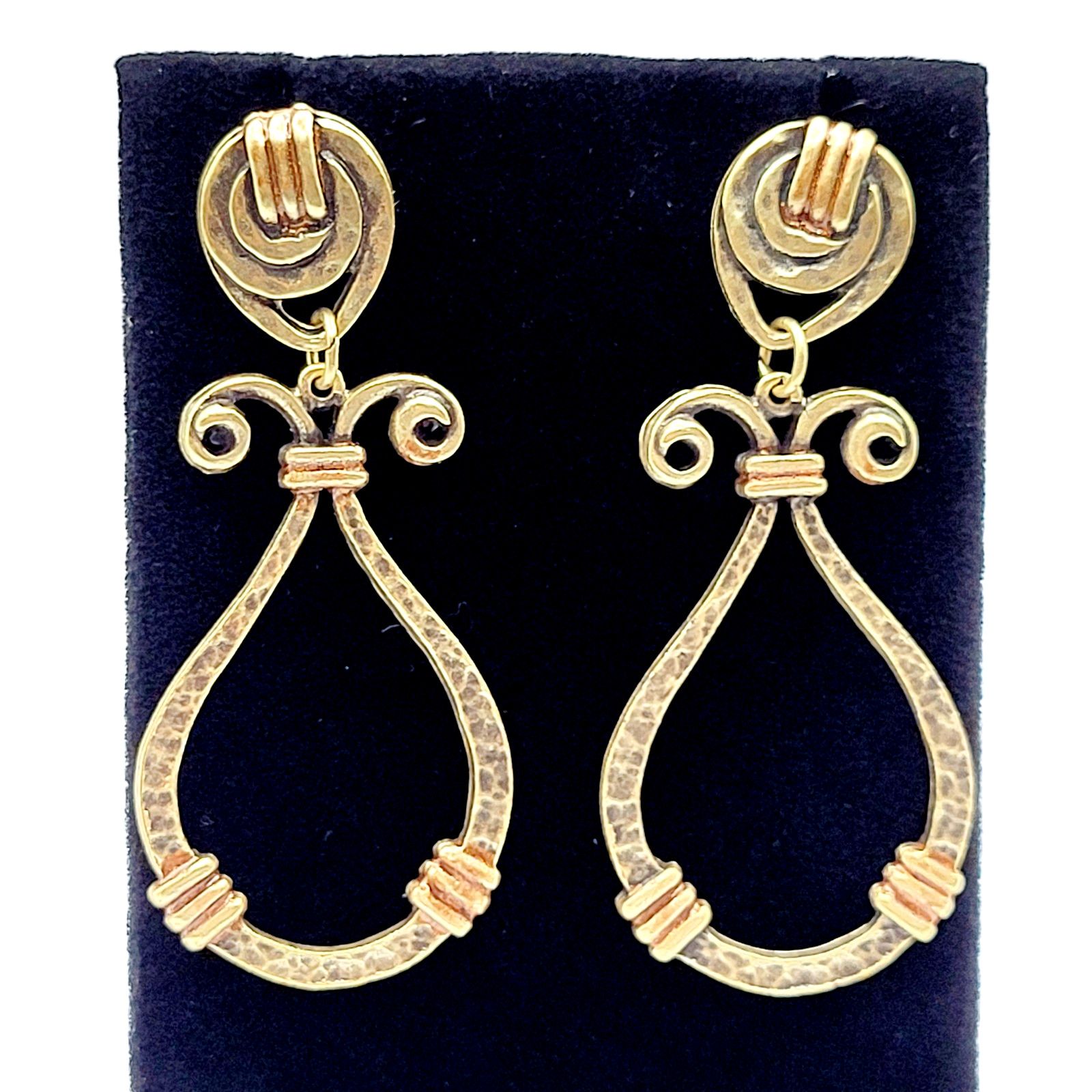 Modern Geometric Loop Hammered Look Ornate Stud Mix Metal Tone Pierced Earrings