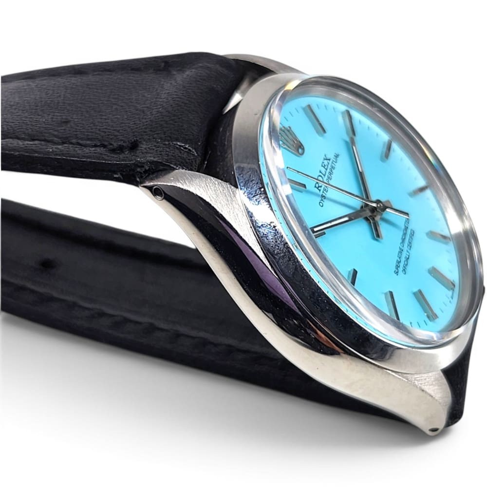 Rolex Oyster Perpetual 34mm Blue Turquoise Steel Automatic Watch 5500 Circa 1974