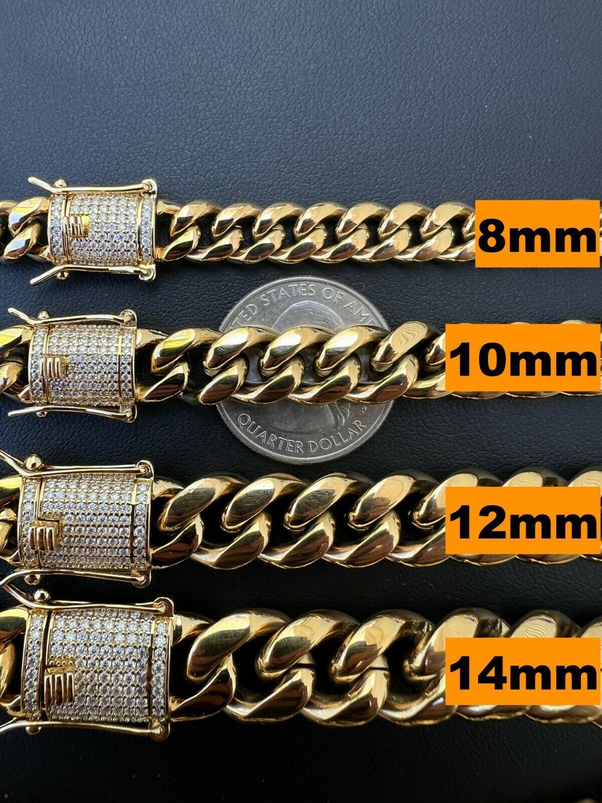 Miami Cuban Link Chain W. 1ct CZ Iced Clasp 14k Yellow Gold Plated Stainless